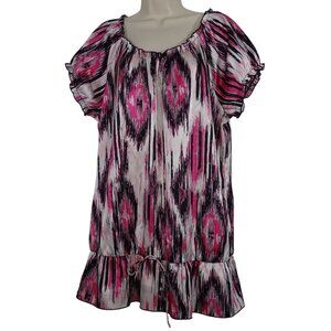 Cato Pink Black Abstract Tunic Top Woman Size 14W 16W Short Sleeve Ruffle Hem